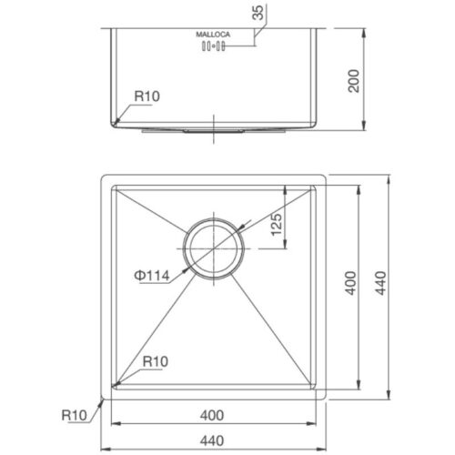 Kích thước chậu rửa chén bát bán thủ công Malloca MS 1044