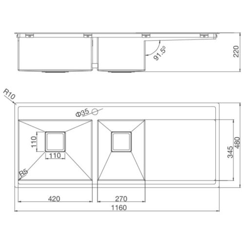 Kích thước chậu rửa chén bát Malloca MS 6306T