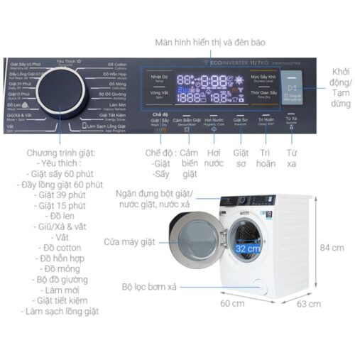 Máy Giặt Electrolux EWW1142Q7WB 3 Kích Thước Máy Giặt Electrolux EWW1142Q7WB