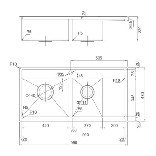 Kích thước chậu rửa bát Malloca MS 6305