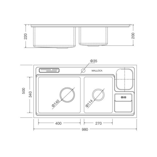 kích thước chậu rửa bát Malloca MS 8804
