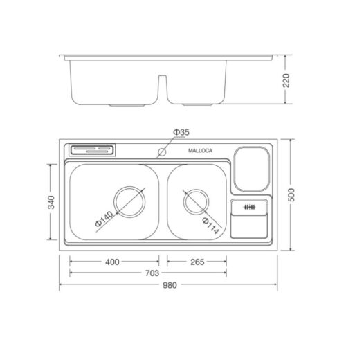 Kích thước chậu rửa bát Malloca MS 8809