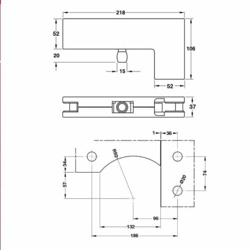 Kẹp kính chữ L Inox mờ Hafele 981.50.040 3 Kích thước của Kẹp kính chữ L Inox mờ Hafele 981.50.040