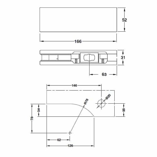 Kẹp kính dưới Inox bóng Hafele 981.00.654 3 Kích thước của Kẹp kính dưới Inox bóng Hafele 981.00.654