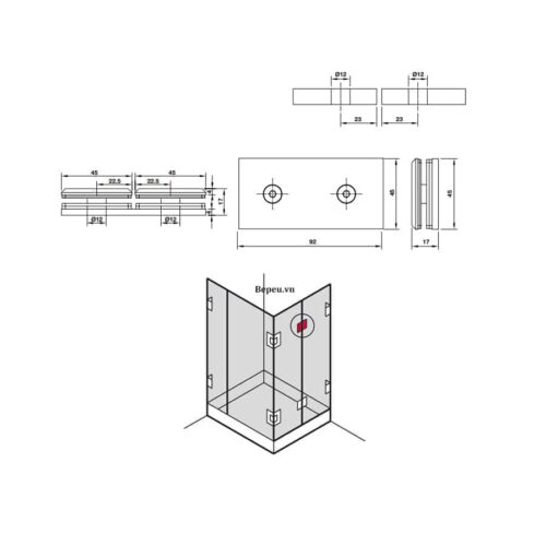 Kẹp kính - kính 180º màu đen Hafele 981.77.913 3 Kích thước của Kẹp kính - kính 180º màu đen Hafele 981.77.913