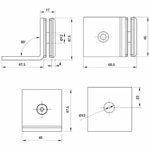 Kẹp kính - tường 90º có đế màu đen Hafele 981.77.911 3 Kích thước của Kẹp kính - tường 90º có đế màu đen Hafele 981.77.911