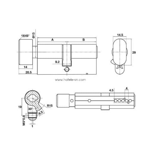 Kích thước của Ruột khóa 1 đầu chìa 1 đầu vặn 65mm Hafele 489.56.003