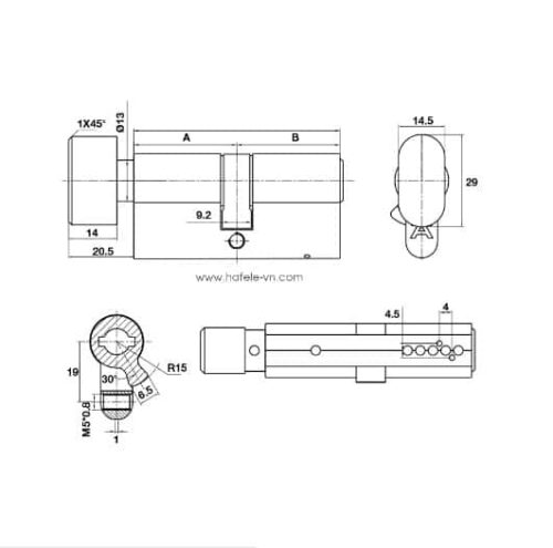 Kích thước của Ruột khóa 1 đầu chìa 1 đầu vặn 71mm Hafele 489.56.004