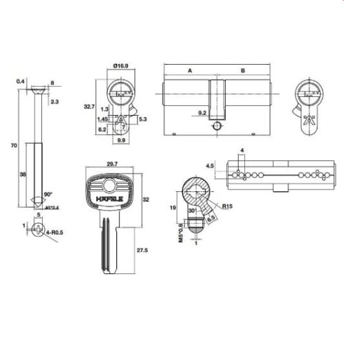 Kích thước của Ruột khóa 2 đầu chìa 65mm Hafele 489.56.000