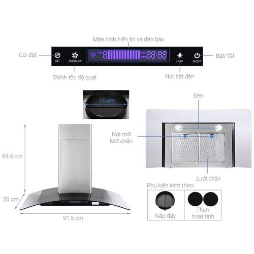 Cấu tạo máy hút mùi áp tường tuần hoàn Pramie AC17-900