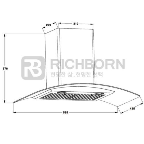 Kích thước máy hút mùi áp tường Richborn RHA70GFFB