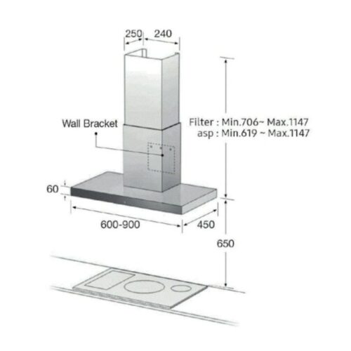 Kích thước máy hút mùi áp tường Samsung NK24C5070US/UR