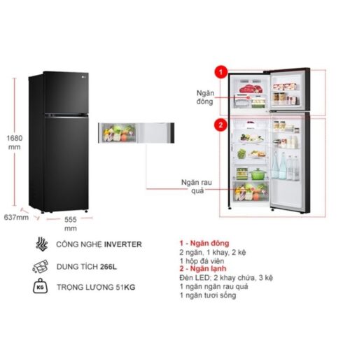 kich thuoc tu lanh 2 canh inverter 266 lit lg gv b262bl