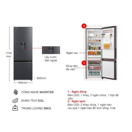 kich thuoc tu lanh 2 canh inverter 321 lit toshiba gr rb405wea pmv06 mg