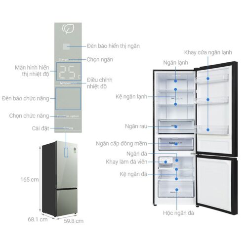 Tủ lạnh 2 cánh ngăn đá dưới Inverter 292 lít Aqua AQR-B350MA(GM) 4 kich thuoc tu lanh 2 canh ngan da duoi inverter 292 lit aqua aqr b350ma gm