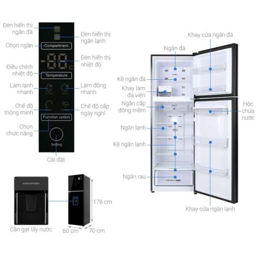 kich thuoc tu lanh 2 canh ngan da tren inverter 347 lit aqua aqr t389fa wgb