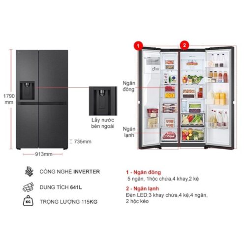 kich thuoc tu lanh 2 canh side by side inverter 641 lit lg lsi63blma