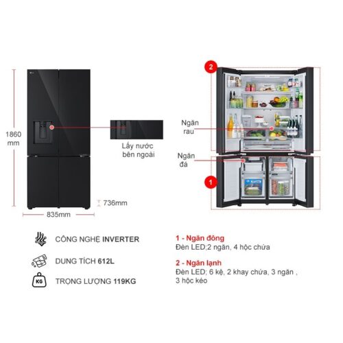 kich thuoc tu lanh 4 canh multi door inverter 612 lit lg lfd61blgai