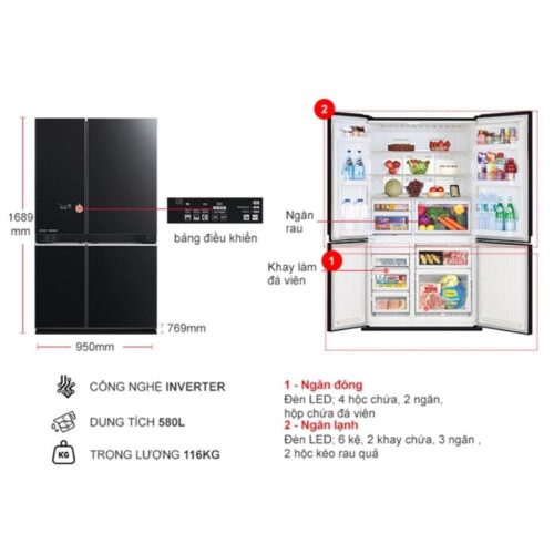 Tủ Lạnh 4 cánh Multi doors Inverter 580 Lít Mitsubishi MR-LA72ER-GBK-V 3 kich thuoc tu lanh 4 canh multi doors inverter 580 lit mitsubishi mr la72er gbk v