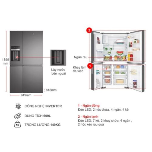 kich thuoc tu lanh 4 canh multi doors inverter 609 lit electrolux eqe6879a b