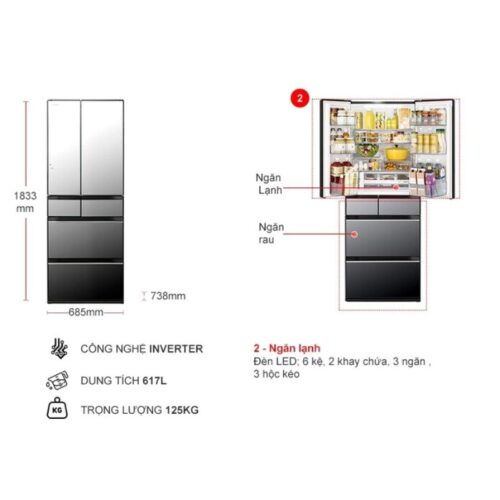 kich thuoc tu lanh 6 canh multi door inverter 617 lit hitachi r hw620rv x