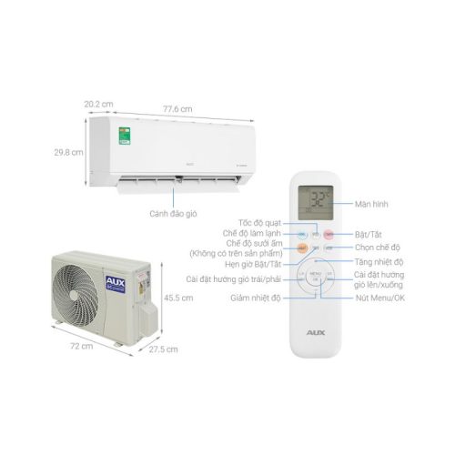 Máy lạnh AUX Inverter 1 HP AW10CAA4DI-3VN 5 kich thuoc may lanh aux inverter 1 hp aw10caa4di 3vn
